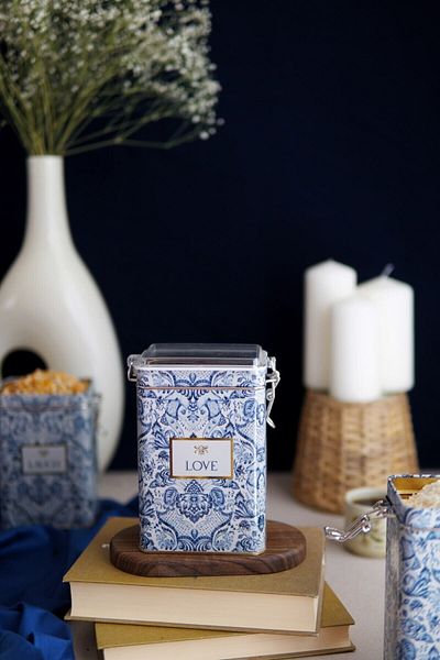 EVLE Er043-2b Azulejos Love Patterned Rectangular Metal Storage Container 8x10 Cm