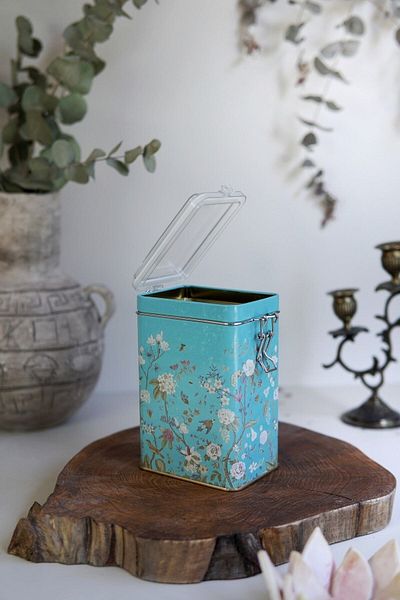 EVLE Er043-9f Botanica Blue Patterned Rectangular Metal Storage Container 8x10 Cm