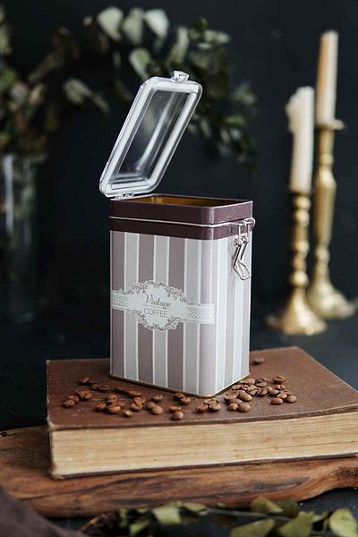 EVLE Er043-7a Elegance Coffee Patterned Rectangular Metal Storage Container 8x10 Cm