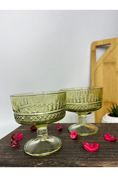 Paşabahçe Elysia Green 250 cc 2-Piece Bowl Set - Cut Crystal and Ice Cream Dessert