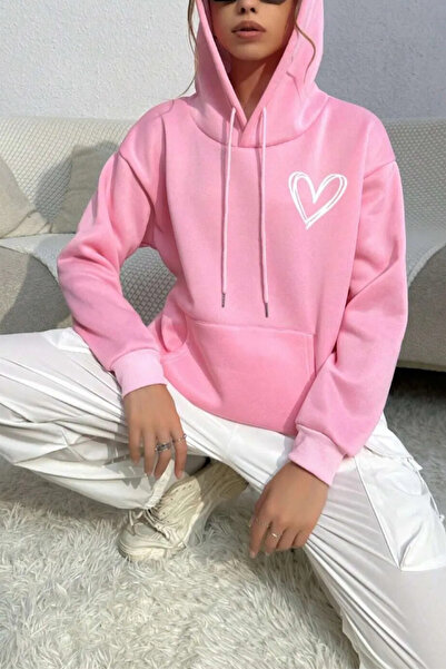 Wish BF Kadın Pembe Kalp Baskılı Oversıze Kapüşonlu Sweatshırt