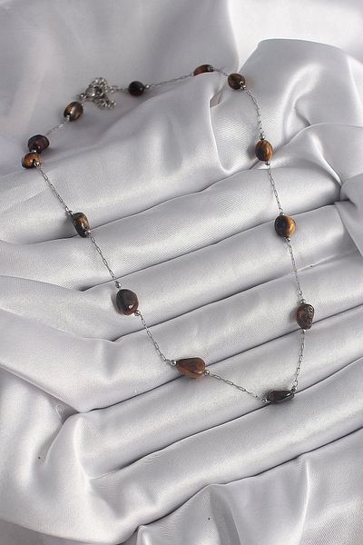 Clariss 316L Steel Silver Color Chain Brown Natural Stone Model Women's Necklace