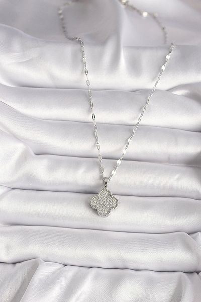 Clariss 316l Steel Silver Color Zircon Stone Clover Model Women's Necklace