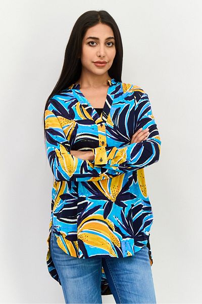 Nic+Zoe Women V- Neck Long Sleeves Floral Print Top, Blue