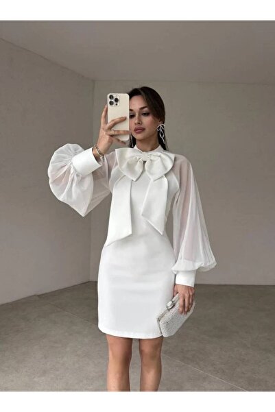 BEAUTY FASHİON Kadın Abiye Büyük Fiyonk Detay Balon Tül Kol Bisiklet Yaka Midi Elbise - Abiye & Mezunyet Elbisesi