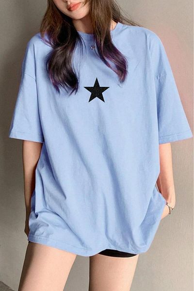 NO 601 Γυναικείο Baby Blue Oversize Μαύρο Glitter Star με στάμπα Trend Loose Fit Tshirt