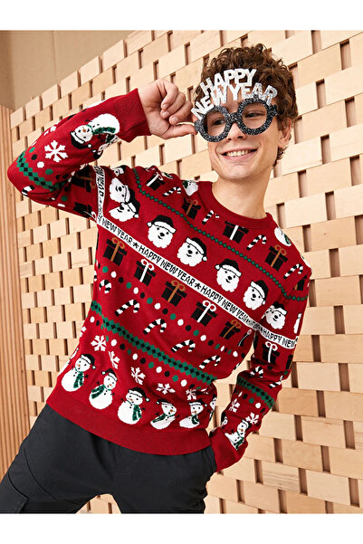 LC Waikiki Xside Red Crew Neck Long Sleeve Christmas Themed Men's Knitwear Sweater