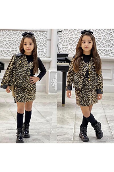 PeluşÇocuk Bayramlık Leopar Kız Çocuk Etek-Ceket-Tişört Takım