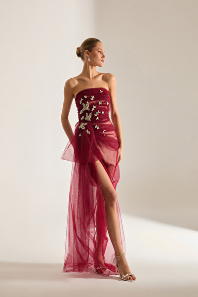 BETTY & SAM Olivia Taş İşlemeli Koyu Kırmızı Tül Elbise