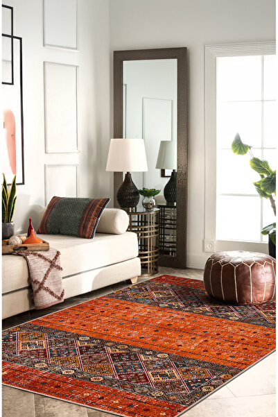 BigArts Home Turuncu Ve Kırmızı Etnik Kilim Desenli Halı Dijital Şönil Halı
