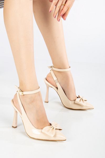 RİSSOLİ Rissoli Women's Beige Cream Skin Patent Leather Bow Heeled Shoes