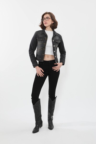 BANNY JEANS Women's Pocket Detailed Slim Fit Dark Gray Jean Jacket