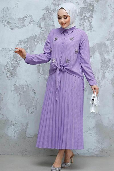 Neva Style طقم مكون من قطعتين بتفاصيل من الخرز مع تنورة حجاب أرجوانية - 60062LILA