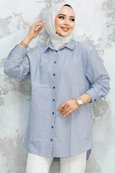 Neva Style Striped Blue Hijab Shirt 52295m