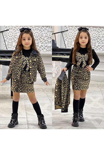PeluşÇocuk Bayramlık Leopar Kız Çocuk Etek-Ceket-Tişört Takım