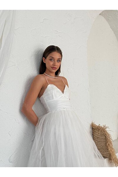 BEAUTY FASHİON Kadın Abiye İnce Asılı Kalp Yaka Fırfır Kloş Etekli Tül Midi Elbise - Abiye & Mezuniyet Elbisesi