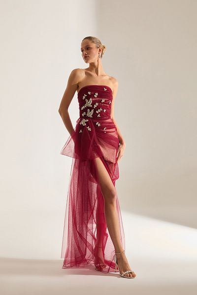 BETTY & SAM Olivia Stone Embroidered Dark Red Tulle Dress