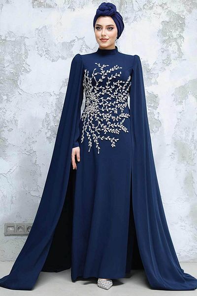 Neva Style Navy Blue Hijab Evening Dress with Cape Sleeves 49912L