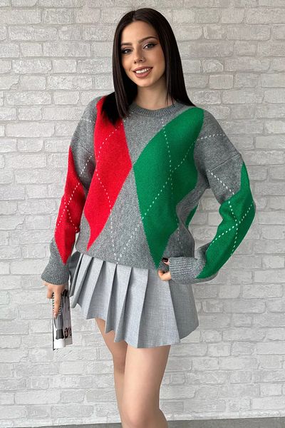 GÜLSELİ Pulover de damă cu model gri, cu decolteu triplu