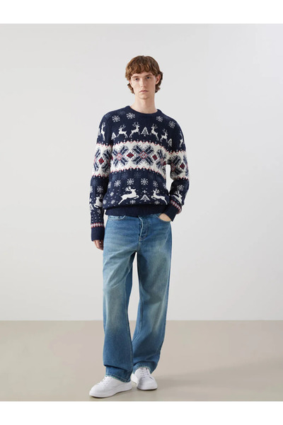 LC Waikiki XSIDE Lacivert Bisiklet Yaka Uzun Kollu Yılbaşı Temalı Erkek Triko Kazak