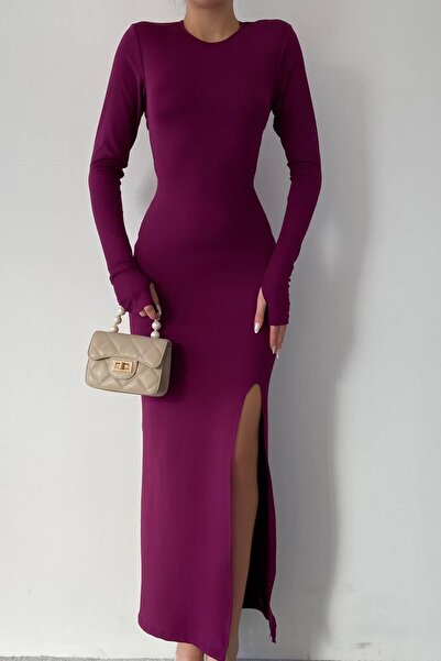 bayansepeti Mürdüm Sandy Kumaş Sırtı Büzgü ve Bağlama Detaylı El Geçmeli Uzun Kollu Midi Abiye Elbise 328