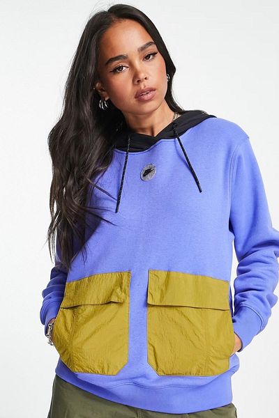 Nike Sports Utility Fleece Oversize Hoodie Women's Hooded Wide Fit Sweatshirt Blue-Moss Beige