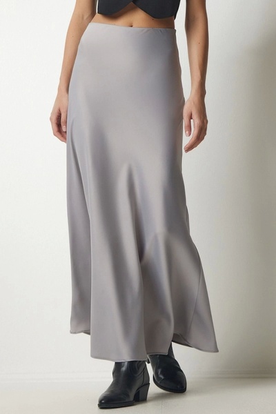 Maude Kadın Gri Floş Viskon Saten Kemeri Lastikli Fermuarlı Maxi Boy A Line Etek