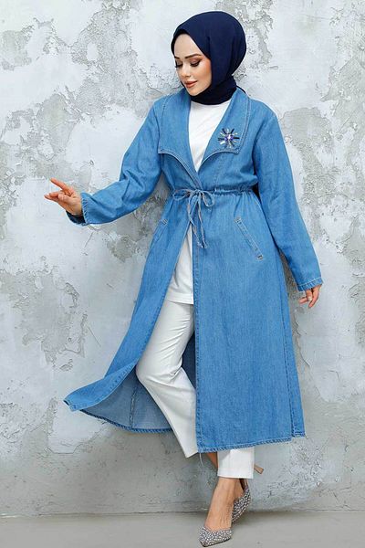 Neva Style Șapcă Hijab Albastru Denim Brodat cu margele 6823M