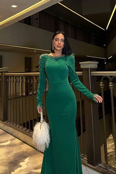 Mossta Green Lurex Crepe Evening Dress - Pearl Detail and Low Back