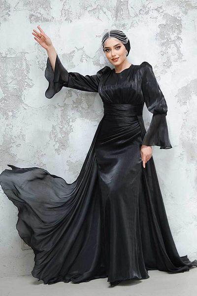 Neva Style Black Hijab Evening Dress with Tail 4986S