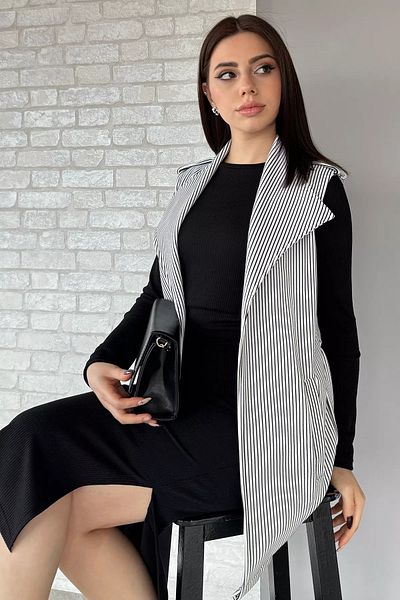 GÜLSELİ Λευκό γυναικείο ριγέ γιλέκο με ζώνη μέσης με επιτραπέζια ετοιμασία