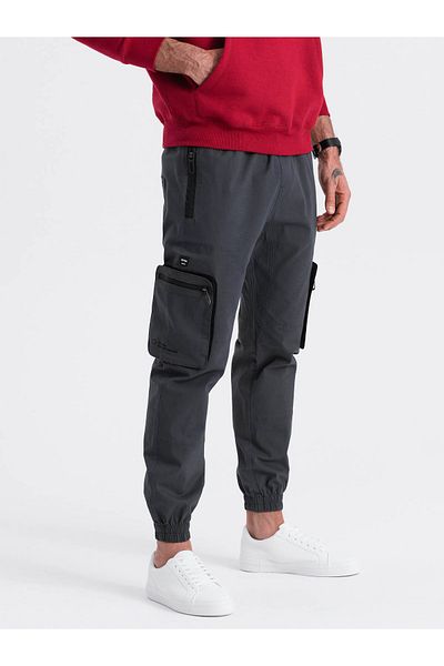 OMBRE Pánské kalhoty JOGGER se zapínáním a kapsami na zip - grafitové V6 OM-PAJO-0135 XXL