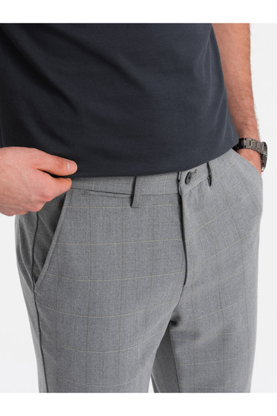 OMBRE Ανδρικό παντελόνι κλασικής κοπής σε λεπτή καρό - γκρι V3 OM-PACP-0187 M