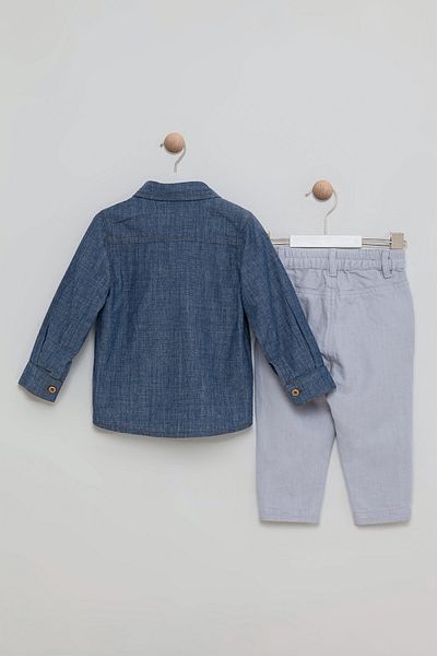 Bombili Teddy Embroidered Denim Shirt Blouse Pants Combination Elastic Waist 3-Piece Boys' Suit