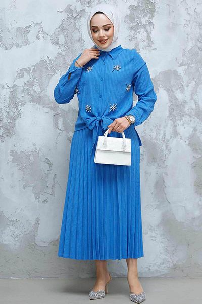 Neva Style طقم تنورة حجاب بتفاصيل خرز باللون الأزرق النيلي - 60062IM