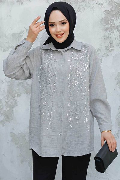 Neva Style Cămașă Hijab Gri Brodată cu margele 45280GR