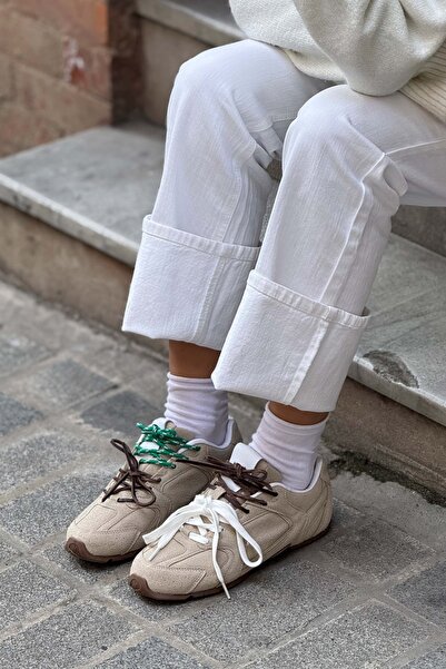 NİŞANTAŞI SHOES Dámské šněrovací tenisky Bellini Beige Suede Flat Sole