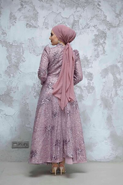 Neva Style Boncuk Işlemeli Gül Kurusu Tesettür Abiye Elbise 50461gk