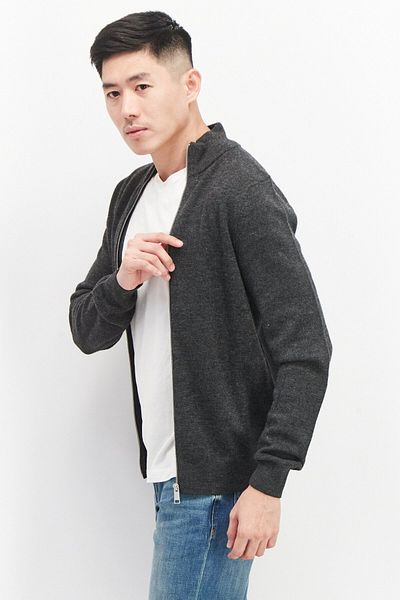 CELIO Men High Neck Long Sleeve Knitted Cardigans, Dark Grey
