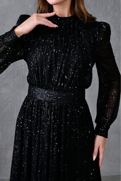 bayansepeti Rochie maxi cu design cu curea din țesătură, cu paiete, căptușită neagră, cu paiete 0213