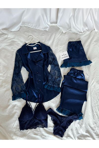 MH Moony Homewears Сатенени пижами в кутия, 5 части - Milfa с дантелени ръкави и детайл от зестра