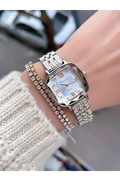 Ferrucci Steel Cord Roman Numbers Cut Glass Women's Wristwatch with 2 Years Warranty + Bracelet as a Gift