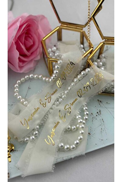 imzatasarım Dökülen Incili Isimli Söz Ve Nişan Kurdelesi 2 cm Beyaz İpek