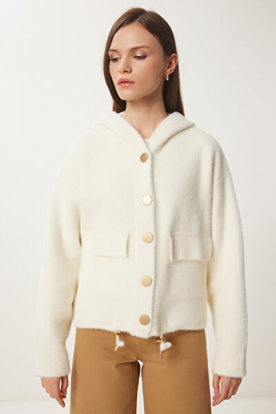 Lovelyİstanbul Hooded Soft Textured Knitted Jacket Bone Lpf0097