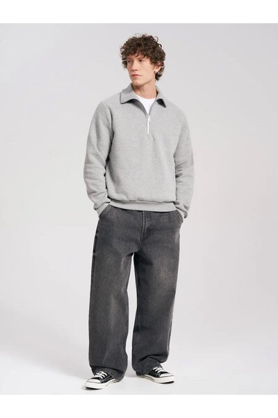 Trendiz Unisex Gray Melange Half Zippered Stand Collar Sweatshirt - 2052