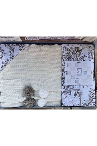 Sudem Home Collection Cream Colored Double Pompom Dowry Pique Set
