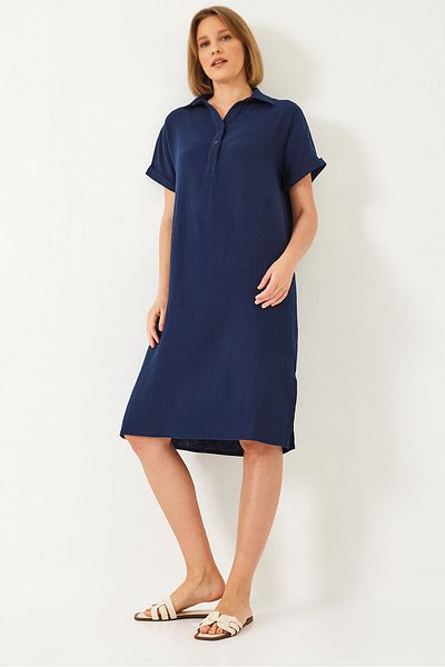 Bianco Lucci Damen-Sommerkleid aus lockerem Musselin mit Polokragen 70222 60271009