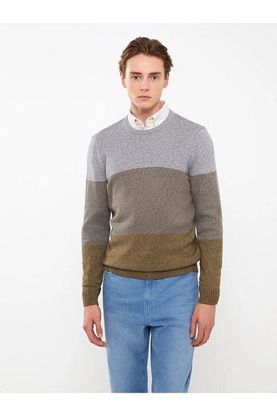 LC Waikiki Lcwaikiki Classic Khaki Crew Neck Long Sleeve Color-Blocking Men's Knitwear Sweater