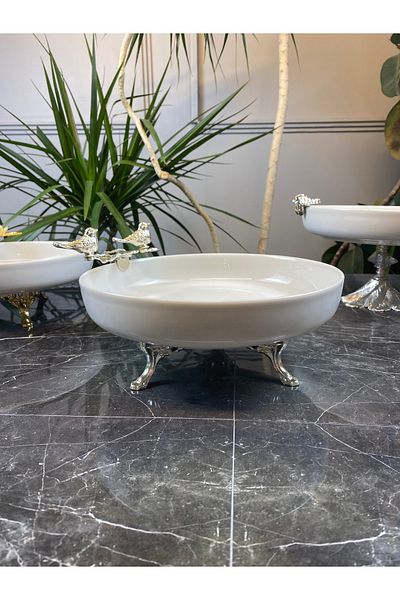 MAY HOME Porcelain Salad Presentation Bowl with Silver Metal Legs and Double Bird Detail