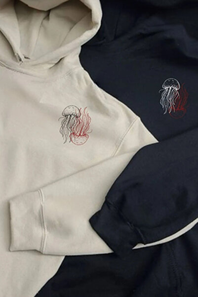 FECCY Pamuklu Unisex BejSiyah Göğüs Ve Bilek Baskılı Kişiye Özel 3 İplik Kalın Oversize Çift Sweatshirt